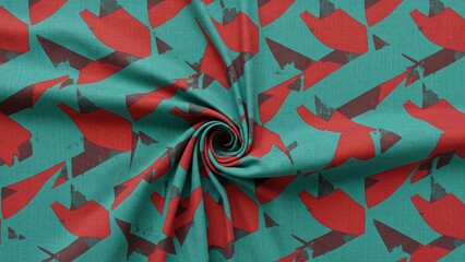 Bold geometric fabric with abstract red shapes