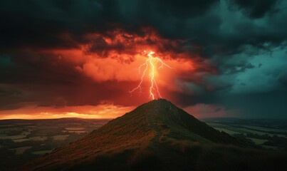 Dramatic lightning strike over mountain peak during stormy sunset