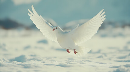 Fototapeta premium Soaring Dove of Peace: A pristine white dove, wings gracefully outstretched against a blurred, snowy backdrop, embodies serenity and freedom, symbolizing hope and tranquility.