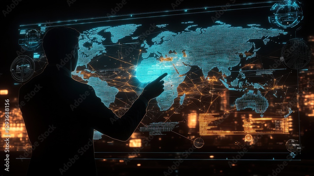 Poster futuristic digital map interface with a holographic globe and network connections displaying various