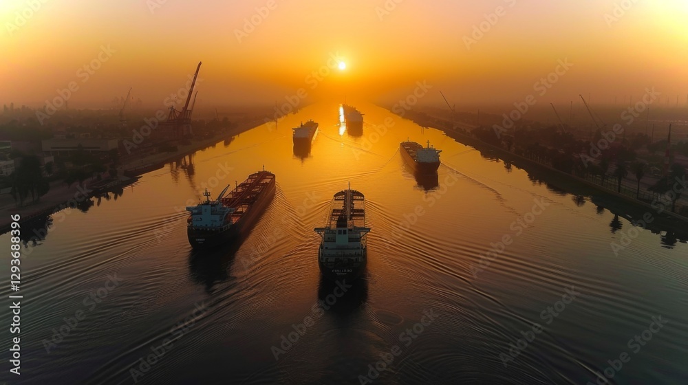 Poster cargo ships glide through a bustling canal as the sun sets, casting a warm glow over the water and c