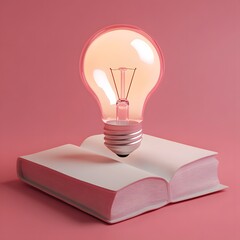 Light Bulb On An Open Book On Pink Background Creative Concept