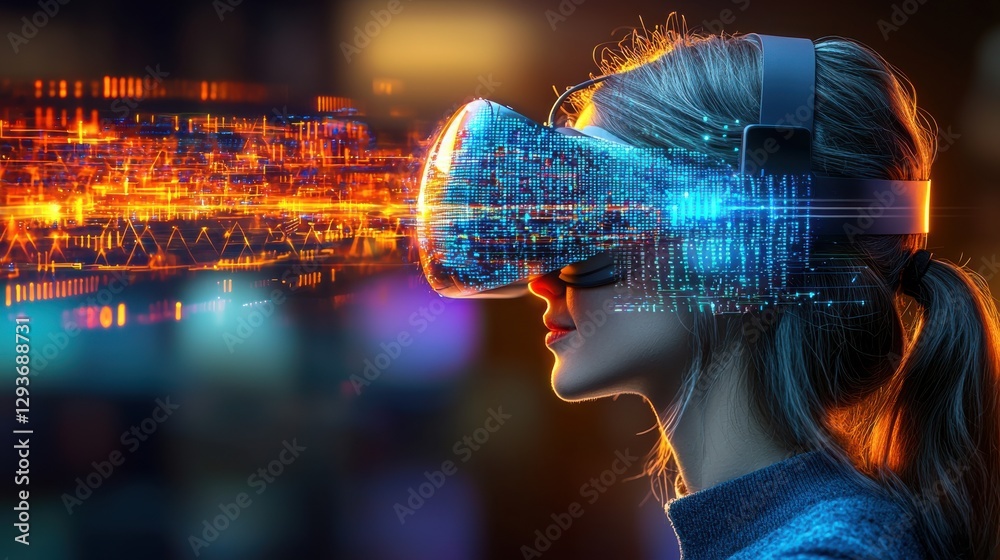 Poster immersive virtual reality experience with futuristic holographic display dynamic digital data visual