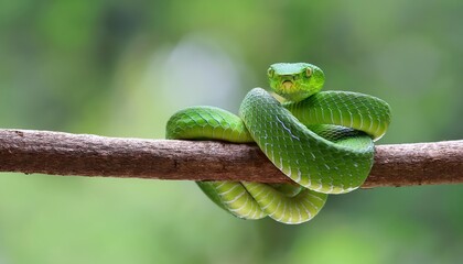 Obraz premium Striking Portrait of a Largeeyed, Vibrant Green Pitviper Snake in Southeast Asian Rainforest, Framed by Lush Greenery and Bamboo, Capturing the Beauty and Mystique of these Elusive Creatures.