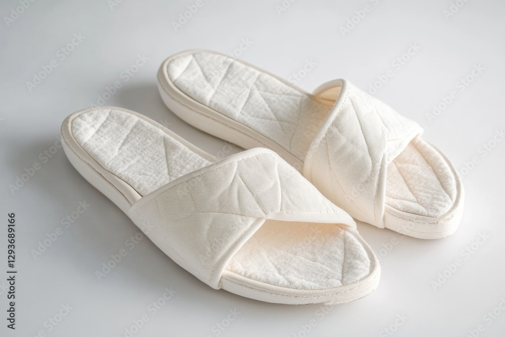 Poster a pair of white slippers sitting on a clean white surface, ready for use
