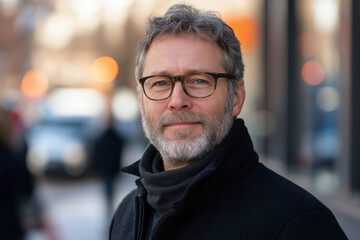 Obraz premium Man with beard and glasses in black scarf. Professional portrait concept