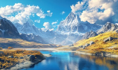 Fototapeta premium Stunning mountain landscape with serene river and vibrant blue sky