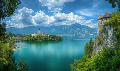 Obraz premium Stunning panoramic view of Lake Bled with castle and mountains in Slovenia