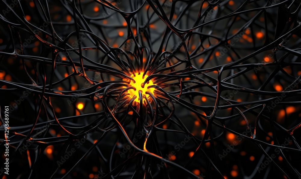 Poster abstract neural network structure with glowing core and intricate black tendrils