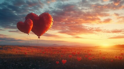 Obraz premium Heart-shaped balloons floating into the sunset, whimsical love scene 