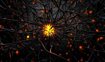 Abstract neural network structure with glowing core and intricate black tendrils