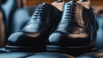 A pair of black shoes sitting on a blue chair