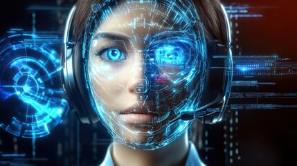 Futuristic Biometric Facial Identification and Digital Technology Hologram Interface  Close up portrait of a female face surrounded by glowing