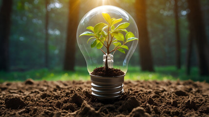 bulb on the ground with a tree inside and sunlight. The concept of saving the world and the power of green energy