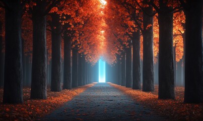 Fototapeta premium Mysterious pathway through autumn trees leading to bright light