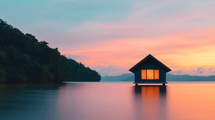 Fototapeta premium Tranquil sunset reflections serene lake house photography calm waters scenic view nature's beauty
