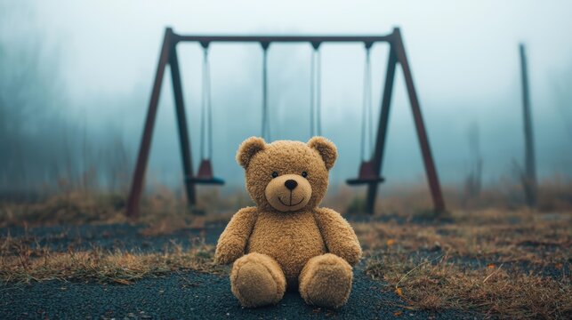 A lonely teddy bear sits in front of an abandoned swing set, surrounded by fog and overgrown grass, evoking a sense of nostalgia and melancholy.