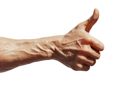 A realistic human hand showing a thumbs-up gesture, fingers curled with the thumb extended upwards.