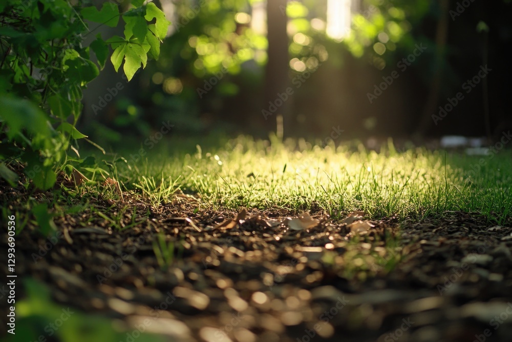 Poster A bright ray of sunlight illuminates the leaves of a tree, casting dappled shadows on the surrounding environment