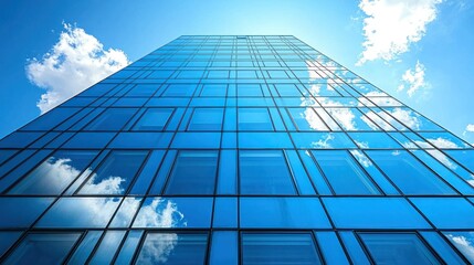 Modern skyscraper facade reflecting clouds