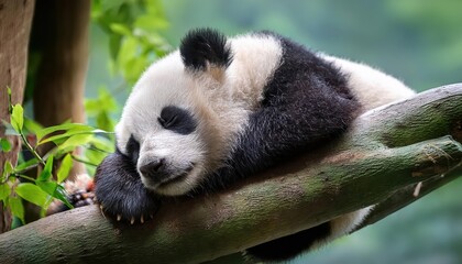 Lazy Panda Bear Snoozing on a Tree Branch amidst the Verdant Wilderness of Chinas Mystical Forest, Capturing the Serene Peacefulness and Graceful Elegance of the Giant Panda.