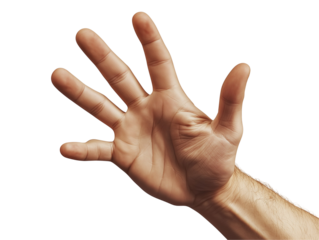 A realistic hand with the palm fully open and fingers extended straight, creating a ‘stop’ gesture.