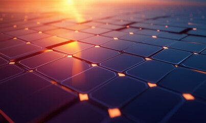 Obraz premium Solar panel array reflecting sunset light with vibrant colors and geometric patterns