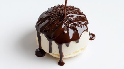 Chocolate syrup poured on top, slowly dripping down . 