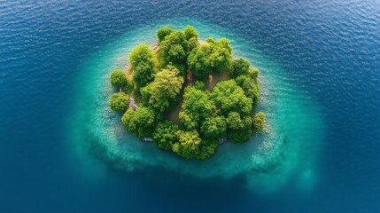 Lush Green Island in a Turquoise Lake Aerial View