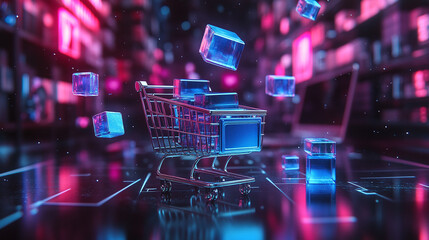 A futuristic shopping cart surrounded by floating digital products in a neon-lit store, symbolizing AI-driven retail, virtual commerce, and the future of shopping