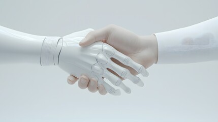 Technological collaboration human-robot interaction in a futuristic space digital art minimalist style close-up view