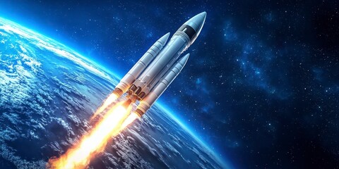 Fototapeta premium Space rocket launching from laptop screen with earth in the background and blue sky