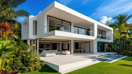 Fototapeta premium Newly built contemporary white home with a spacious balcony, surrounded by a lush garden, bright and airy feel