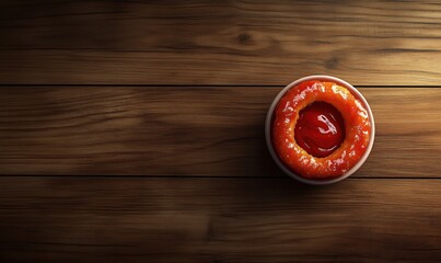 Delicious glazed donut with red icing on wooden table surface