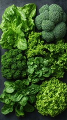 Close-up view of fresh green vegetables including lettuce, spinach, and broccoli on a dark surface