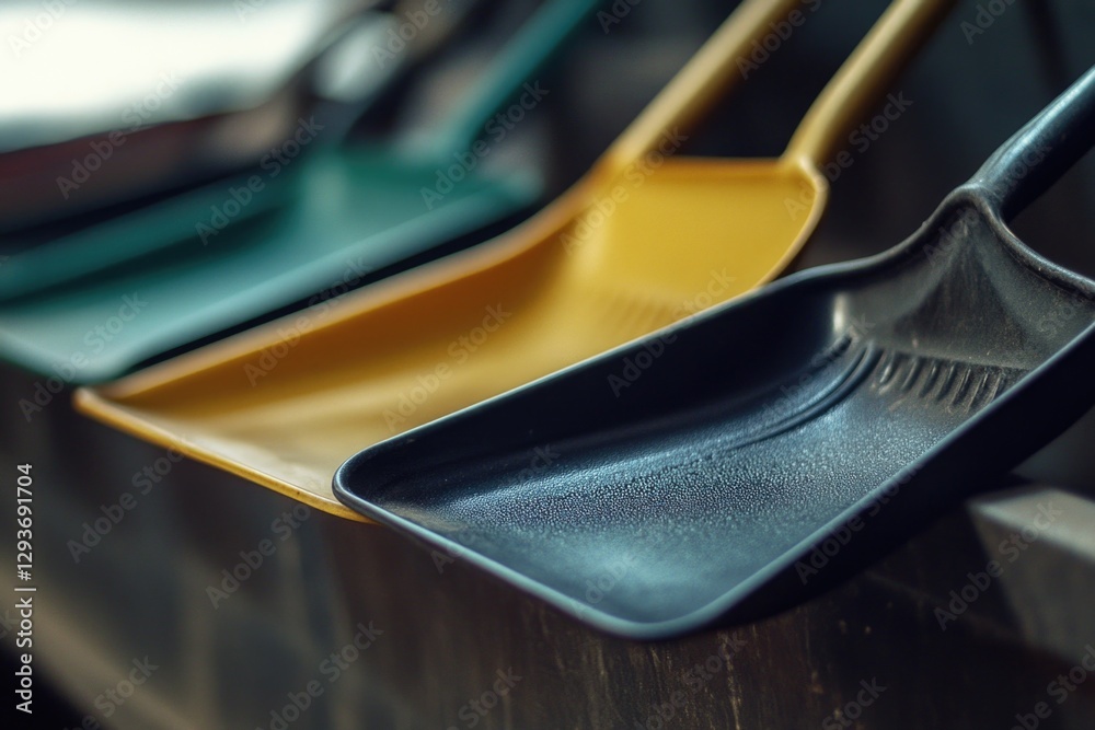 Poster a row of colorful plastic scoops sitting side by side, often used in craft projects or as decorative