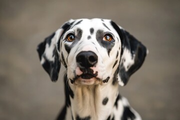 A close-up view of a dalmatian dog's face, ideal for use in animal-related projects or as a standalone image