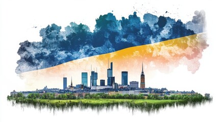 Vibrant and dynamic cityscape with towering skyscrapers colorful clouds and a gradient sky in a digital The scene depicts the modern urban landscape with a creative abstract and style