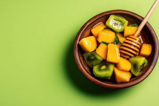 Fresh fruit salad with honey drizzled over vibrant mango and kiw