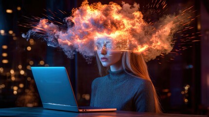 Fototapeta premium Young woman wearing virtual reality headset immersed in a futuristic high tech digital environment with dramatic explosion and fire effects