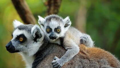 Obraz premium Lemur Catta Baby Riding on Mothers Back in lush Rainforest Habitat, CloseUp View of Adorable Infant and Attentive Mother Amidst Tropical Greenery and Sunlight Dapples, Capturing the Playful Bond