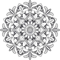 Ornate symmetrical mandala-inspired design with intricate central flower motif, surrounded by geometric shapes, dots, and lines, isolated on transparent background PNG