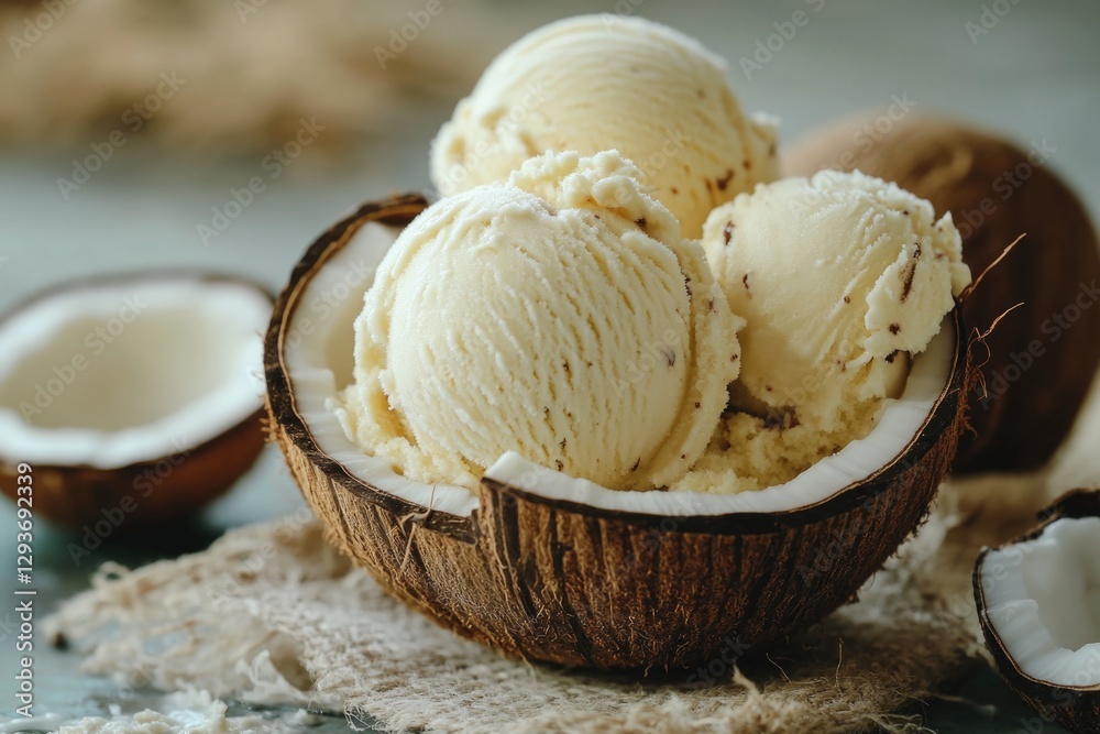 Poster a delicious dessert featuring three scoops of ice cream nestled in a coconut shell