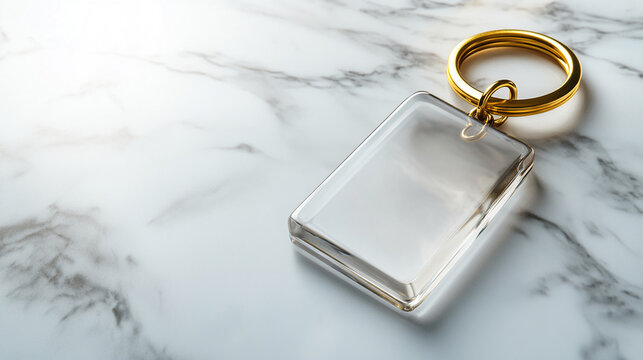 Close-up view of a clear glass keychain with a golden ring on a marble surface. This elegant and modern design represents simplicity and luxury.