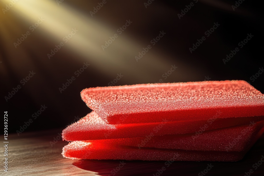 Poster red sponges piled high on a rustic wood surface, great for diy projects or craft displays