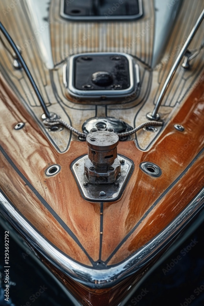 Poster a close-up view of a boat's front deck with nautical details