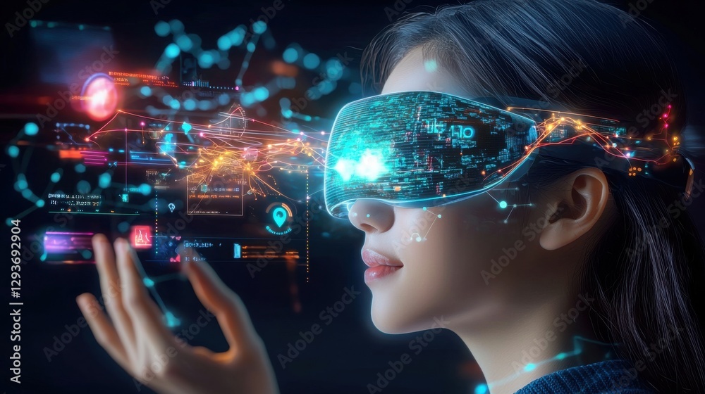 Poster futuristic technology interface with holographic display digital information and augmented reality e