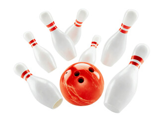 Striking down pins with a bowling ball, cut out


