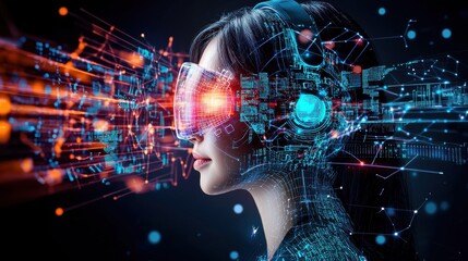 Fototapeta premium Futuristic Technological Interface with Holographic Data Visualization and Immersive Digital Experience Representing the Advancements in Intelligence Virtual Reality and Digital Transformation