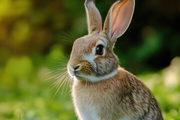 Fototapeta premium A rabbit sits in the grass and looks straight into the camera